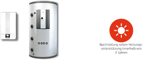 Wolf Hybrid-System mit einem vertikalen Speicher und Bedienfeld, ausgestattet mit verschiedenen Steuerungselementen, zur Nutzung erneuerbarer Energien.